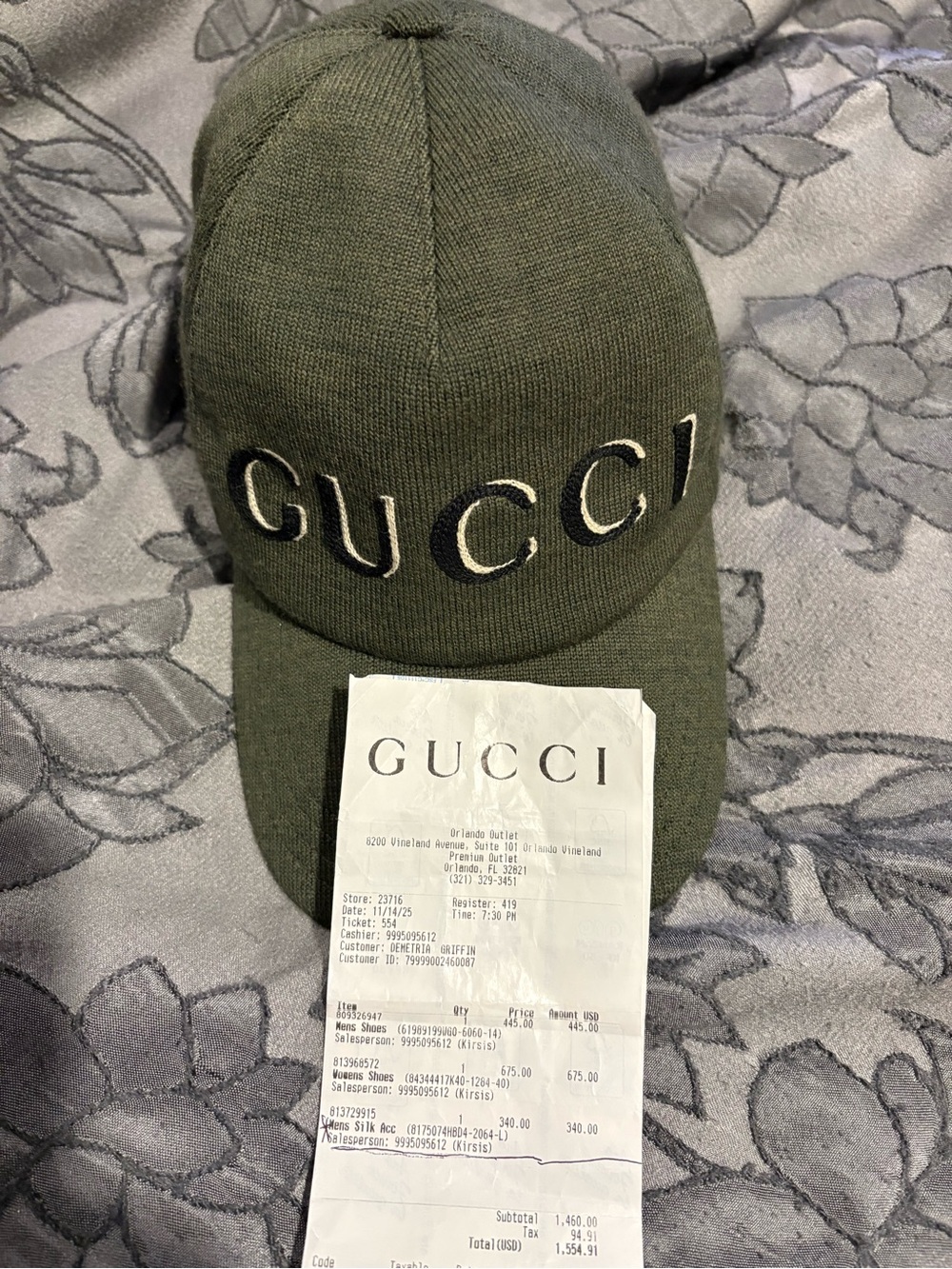 Gucci Olive Green Baseball Cap with White and Black Embroidered Logo